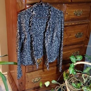 Women's Black, White & Gold Woven  Fringed Long Sleeve Sweater Size Small